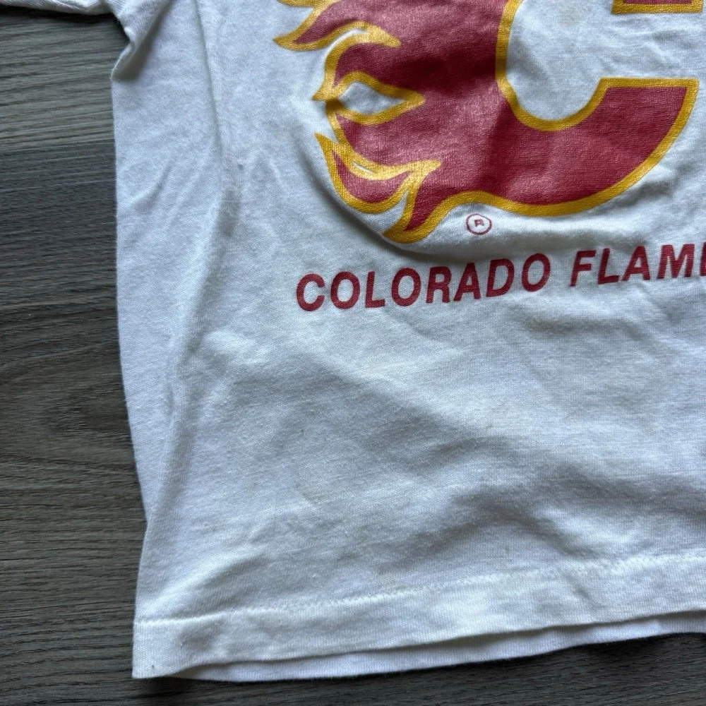 VTG 80s Colorado Flames CHL Minor League Hockey Ringer T Shirt Youth S 6-8 RARE